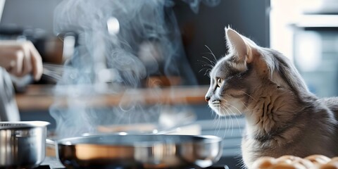 A cat observing a chef's careful cooking in the kitchen. Concept Pets, Cooking, Kitchen, Observing,...