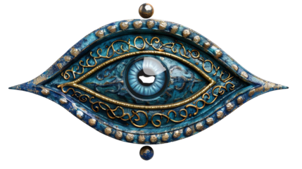 Intricate blue and gold ornamental eye design with elaborate details, symbolizing artistic craftsmanship and mystical elements, isolated on a white background.