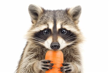 Adorable raccoon with fluffy fur gripping a carrot with its dexterous paws, isolated on a white background, showcasing its natural behavior and playful charm