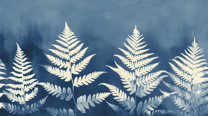 Ferns, cyanotype on a blue background, white fern silhouettes, delicate and intricate details, natural lighting, soft shadows