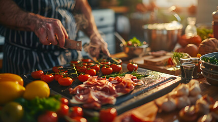High Resolution Photo of a Cooking Class with Appetizers Focus on Glossy Backdrop, Showcasing Techniques and Creativity | Photo Realistic Image in Adobe Stock
