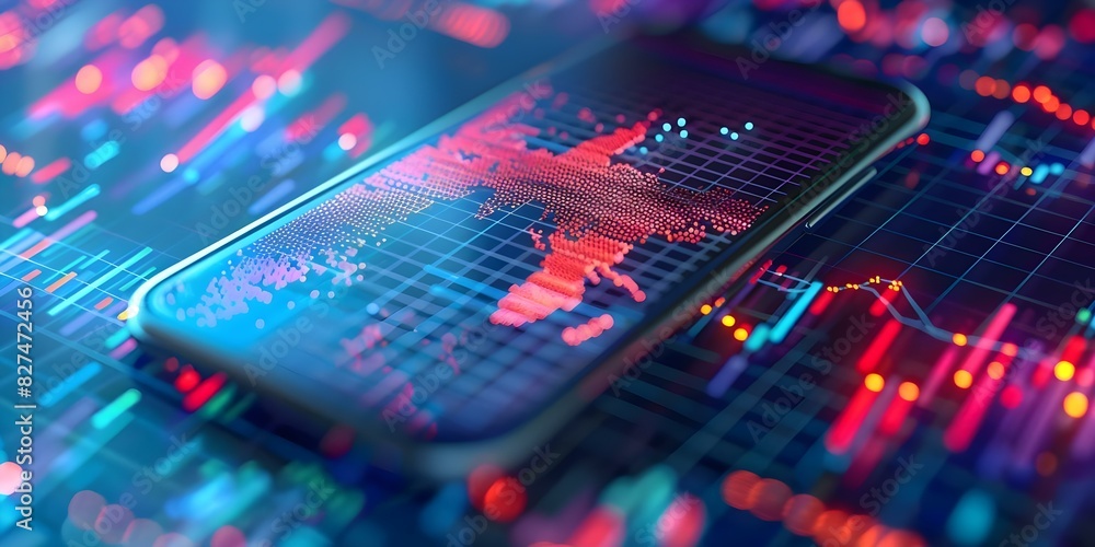Aufkleber visualizing investment trends: d rendering of financial graph technology on mobile phone. concept fi