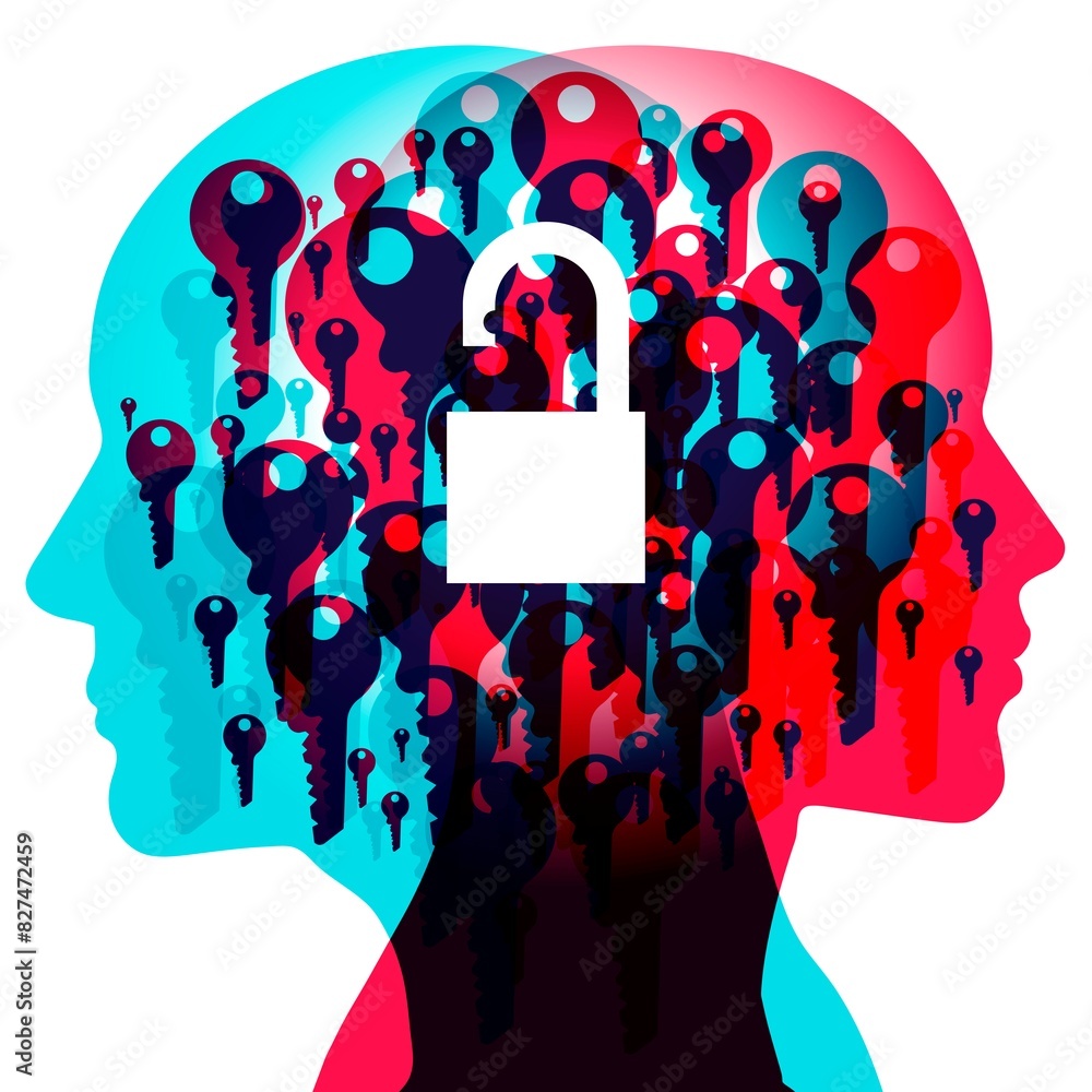Wall mural two overlapping human heads filled with images of keys and an open padlock at the centre. the illust
