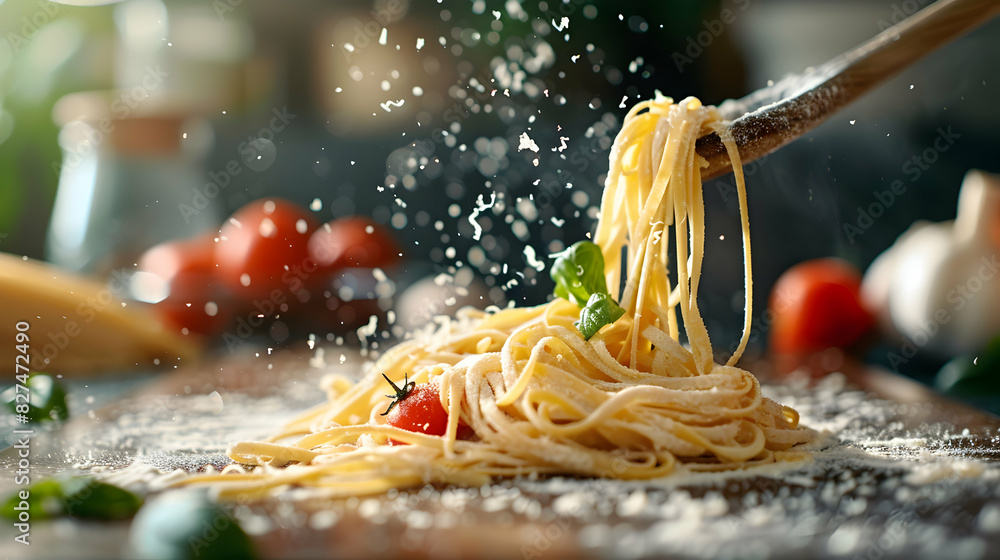 Poster high resolution image of a cooking class focused on pasta with glossy backdrop showcasing techniques
