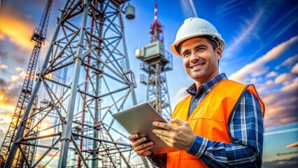 A portrait of a telecommunications engineer, possibly with communication towers or network equipment in the background, representing expertise in telecommunications technology and network 