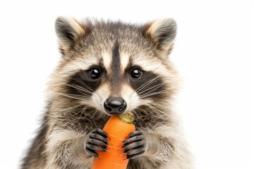 Fototapeta premium Playful raccoon gazes curiously at the camera while clutching a bright orange carrot, isolated on a white background, showcasing its characteristic facial mask and dexterous paws
