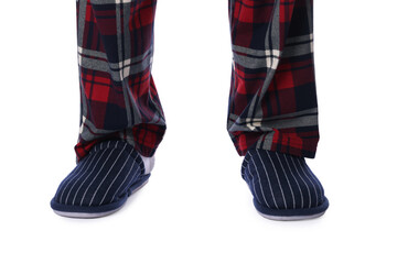 Man in soft slippers on white background, closeup
