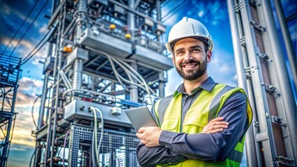 A portrait of a telecommunications engineer, possibly with communication towers or network equipment in the background, representing expertise in telecommunications technology and network 
