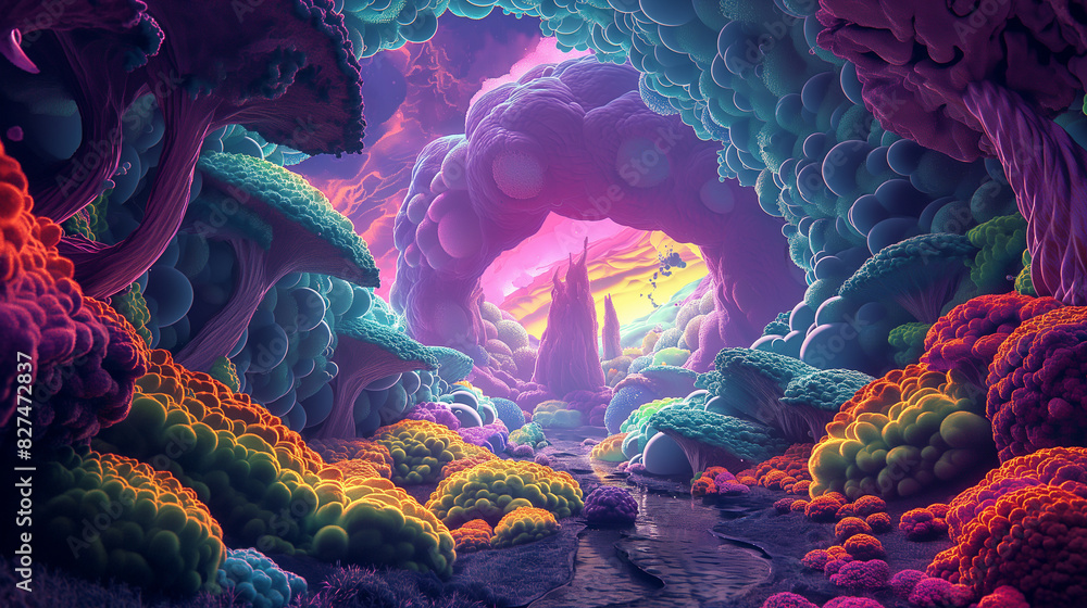 Poster 2. **psychedelic dreamscape**: display a vibrant 3d artwork pulsating with psychedelic colors and su