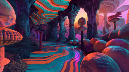 2. **Psychedelic Dreamscape**: Display a vibrant 3D artwork pulsating with psychedelic colors and surreal imagery, leaving room for a caption that encourages viewers to embrace the journey into their
