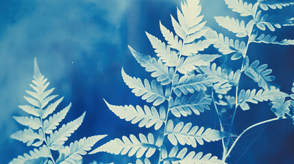Cyanotype of fern leaves on a blue background with white highlights in a closeup.