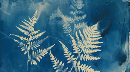  abstract cyanotype of ferns, soft blue and white tones, dark background