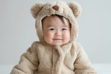 Charming baby with a cheerful smile dressed in a cozy bear costume, looking at the camera with an endearing expression, perfect for concepts of childhood joy and innocence