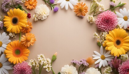 Obraz premium 薄いピンクの紙テクスチャを囲うように彩る花々