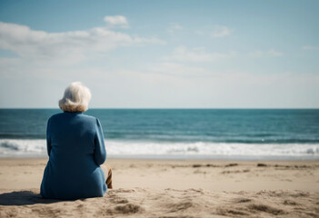 Fototapeta premium AI generated illustration of a senior lady seated on a shore gazing at sea