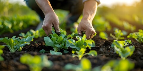 Fototapeta premium Farmer planting vibrant green vegetables in sunlit field beginning food production cycle. Concept Agriculture, Farming, Farm Life, Harvesting, Sustainable Agriculture