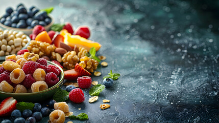 Photo realistic DIY healthy snack ideas concept: High resolution image showcasing creative and customizable nutritious snacks with glossy backdrop for home made treats