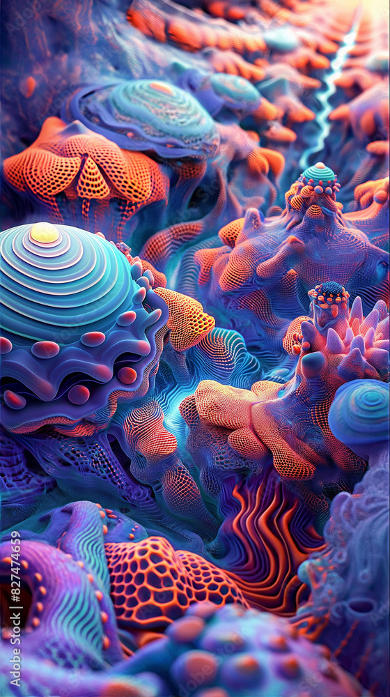 Poster 4. **psychedelic dreamscape**: display a dynamic 3d artwork pulsating with psychedelic colors and in