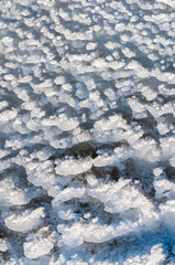 Weathered ice and frozen snow in the form of needle crystals on the bank of the Tiligul Estuary on a sunny day