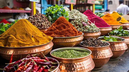 Fototapeta premium A bustling Indian spice market displays colorful spices, dried chilies, and fresh herbs in large copper bowls.