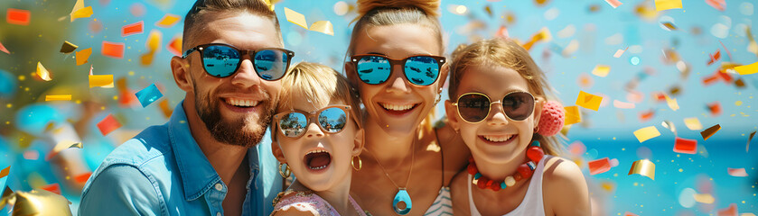 Summer Sale Delight: Family Celebrating with Excitement in High Resolution Photo Realistic Image on Glossy Backdrop   Concept of Great Deals Discovery and Joyful Moments Together