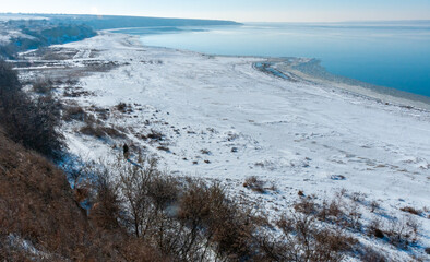 Winter landscape, Snow-covered shores and frozen Tiligul estuary, Ukraine