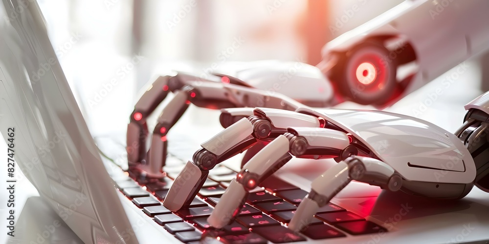 Poster robot hands using laptop keys in advanced technology concept scene photo. concept technology, roboti