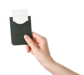 Woman holding leather business card holder with cards on white background, closeup