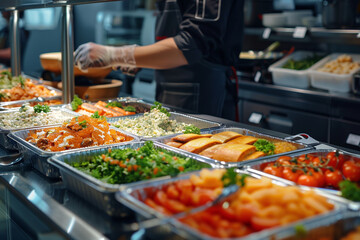Obraz premium Full service station with assortment of foods in trays.