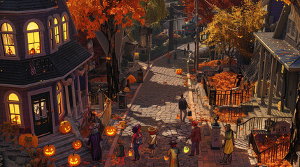 street scene with a building on the right that has a sign with a pumpkin on it