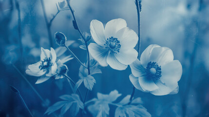 white anemone flowers blue monochrome cyanotype style ethereal atmosphere
