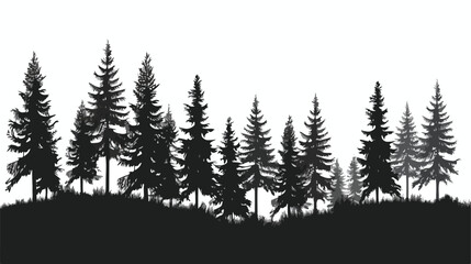 Black silhouettes of fir trees on a white background