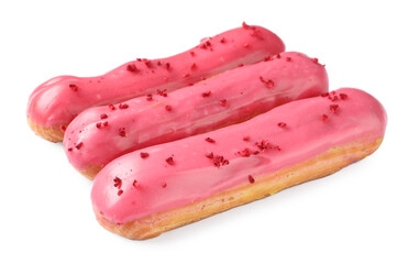 Delicious eclairs covered with pink glaze isolated on white