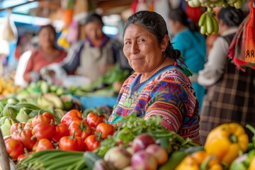 Smiling Woman at Colorful Market Stall
