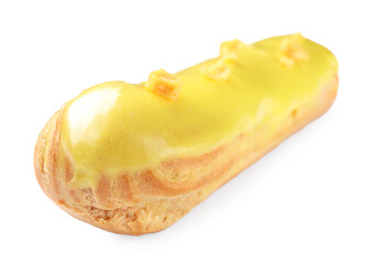 Delicious eclair covered with yellow glaze isolated on white, closeup