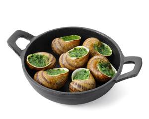 Delicious cooked snails in baking dish isolated on white