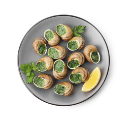 Delicious cooked snails with parsley and lemon isolated on white, top view
