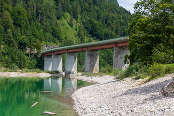 Faller-Klamm-Brücke with lake Sylvenstein Reservoir and mountain alps panorama in Bavaria, Germany