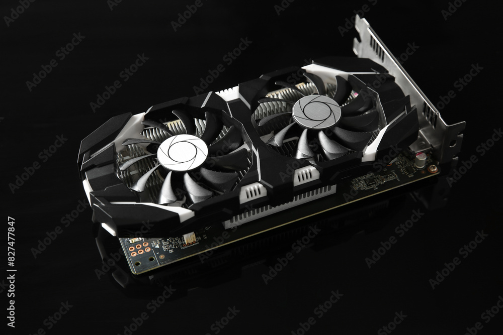 Poster computer graphics card on dark mirror surface