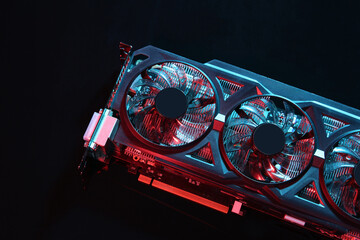 Computer graphics card on dark background, top view