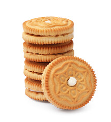 Stack of tasty sandwich cookies isolated on white