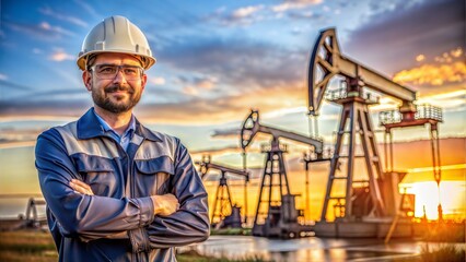 A portrait of a petroleum engineer, possibly with oil rigs or petroleum extraction equipment in the background, representing expertise in oil and gas exploration and production.

