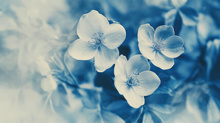 Close up of white flowers in a blue monochromatic color scheme cyanotype style 