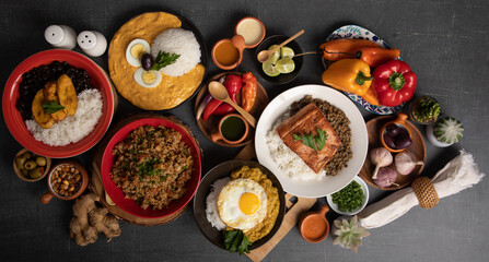 Buffet table full of lunch assorted dishes Peru Peruvian food