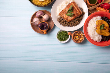 Buffet table full of lunch assorted dishes Peru Peruvian food