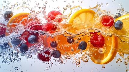 a fresh berry-citrus juice splash against a pure white background