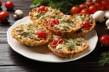 Tasty tartlets with cheese, tomatoes, mushrooms and dill on wooden table, closeup