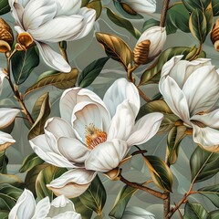 Magnolia Flower Seamless Pattern, Vintage Painting, White Magnolia Tile, Luxurious Spring Flowers