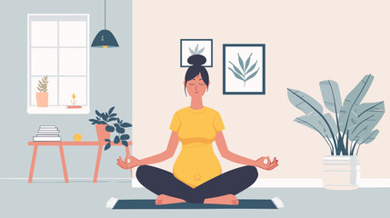 Pregnant Woman Meditating Cross-Legged on Floor, Practicing Yoga and Relaxation

