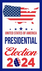 US Election 2024 campaign with USA flag. 2024 presidential election banner design. USA presidential election 2024. Election voting banner, poster. Vote day, November 5. Template vector illustration.